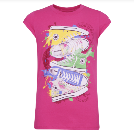 T-Shirt - Converse rose fuchsia à manches courtes avec imprimé baskets colorées, pour fille, vue de face