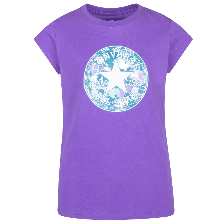 T-Shirt - Converse violet avec logo blanc et bleu, style manches courtes, pour fille, vue de face