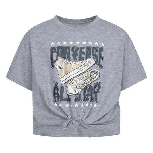 T-Shirt - Converse gris clair avec imprimé baskets beiges, style noué devant, pour fille, vue de face