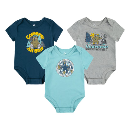 3 Caches couches - Converse en maille bleu marine, gris et bleu clair avec motifs animaux, pour bébé garçon, vue de face