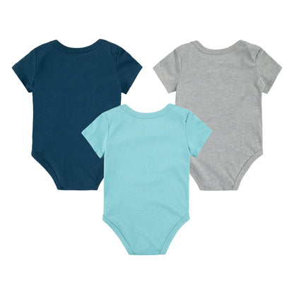 3 Caches couches - Converse en coton bleu marine, gris chiné et bleu clair, manches courtes, pour bébé garçon, vue de dos.