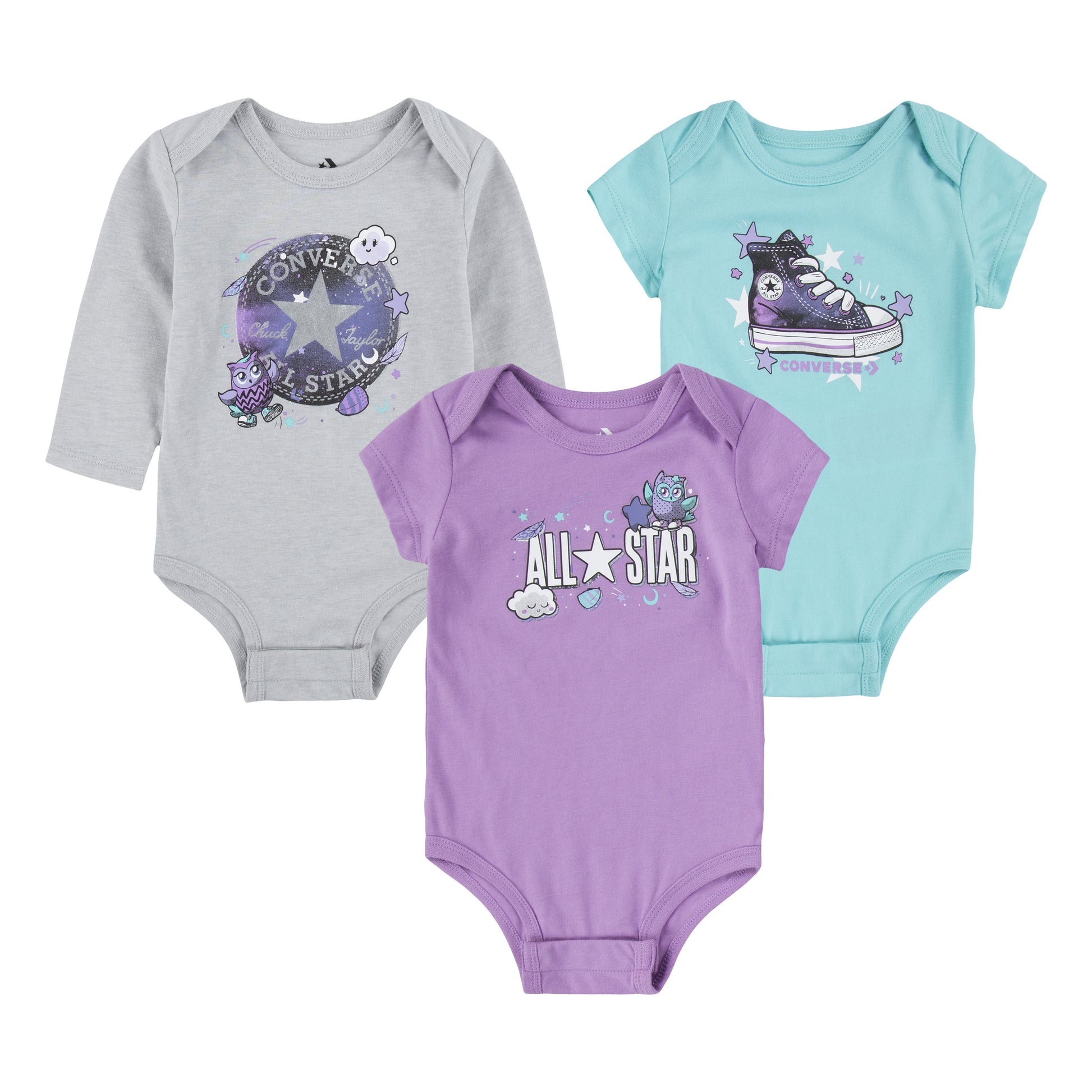 3 Pièces - Converse bodies gris, bleu turquoise et violet en coton, motifs All Star, pour fille, vue de face.