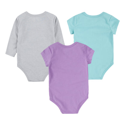 3 Pièces - Converse bodies unis gris, bleu clair et violet pour fille, manches courtes et longues, vue de dos