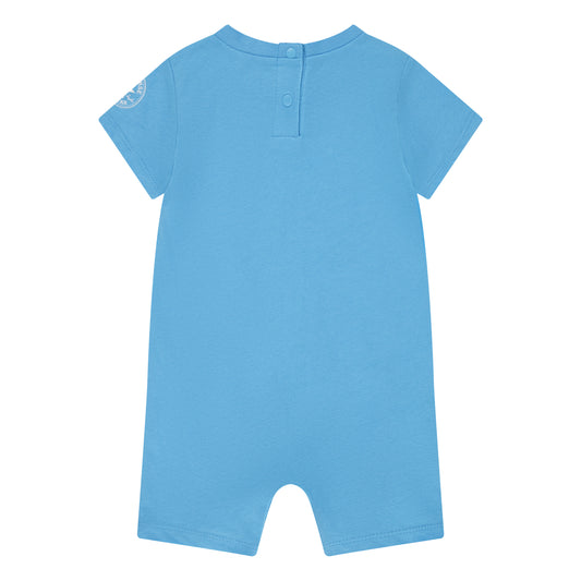 Ensemble - Converse barboteuse bleu ciel manches courtes coton doux pour garçon, vue de dos avec fermeture à boutons pression