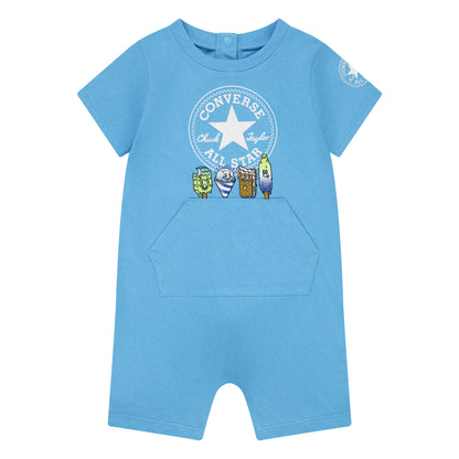 Ensemble - Converse bleu clair en coton avec manches courtes, poche kangourou, pour bébé garçon, vue de face.