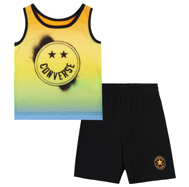 Ensemble - Converse débardeur ombré jaune vert bleu en jersey et short noir molletonné avec logo, pour garçon, vue de face.