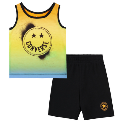 Ensemble - Converse débardeur ombré jaune vert bleu en jersey et short noir molletonné avec logo, pour garçon, vue de face.