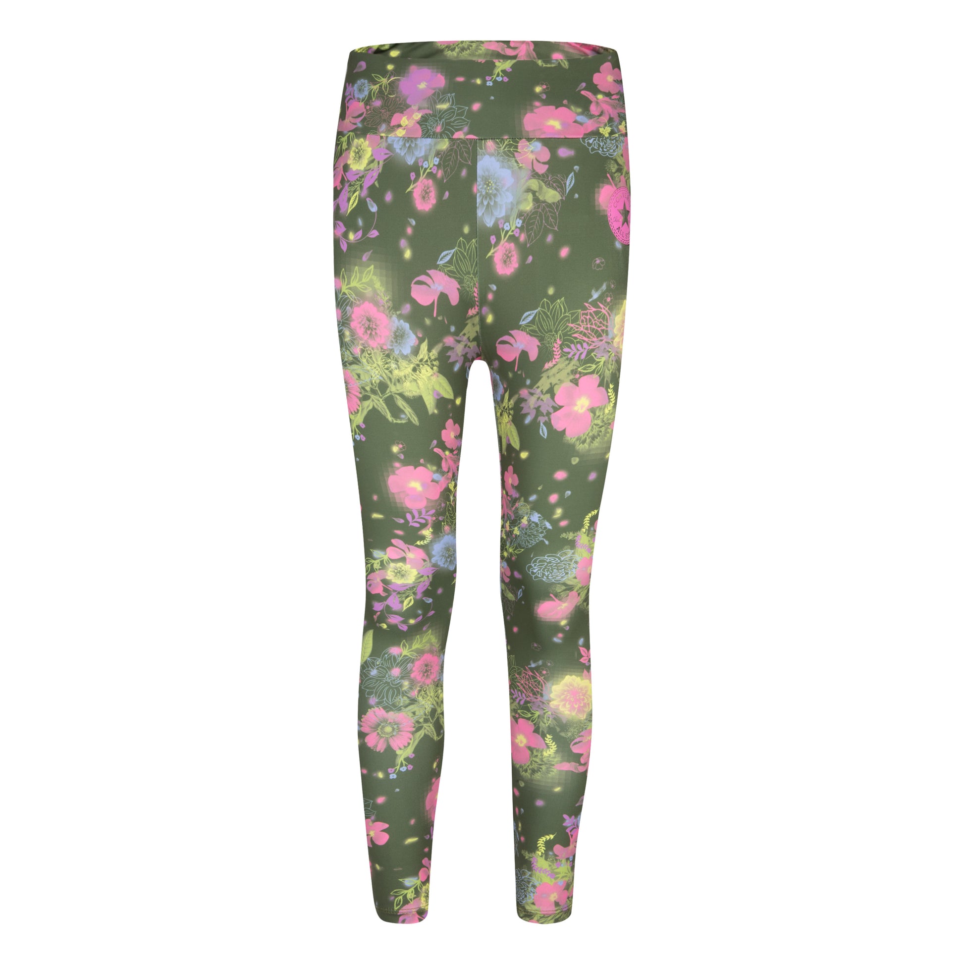 Legging - Converse vert foncé à motifs floraux roses, jaunes et bleus, taille haute, pour fille, vue de dos.