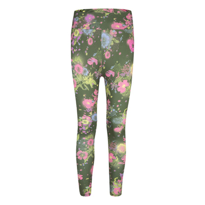 Legging - Converse vert foncé à motifs floraux roses, jaunes et bleus, taille haute, pour fille, vue de dos.