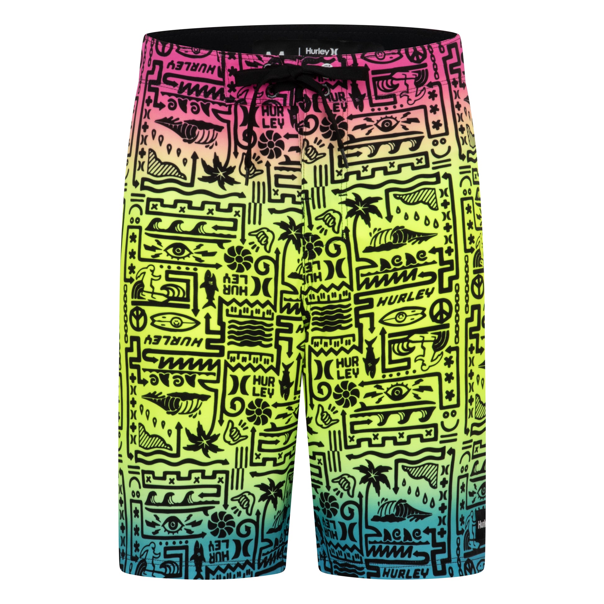 Maillot de bain - Hurley short multicolore dégradé rose, jaune et bleu avec motifs noirs, tissu polyester élasthanne, garçon, vue de face.