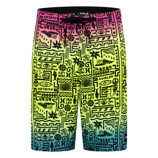 Maillot de bain - Hurley short multicolore dégradé rose, jaune et bleu avec motifs noirs, tissu polyester élasthanne, garçon, vue de face.