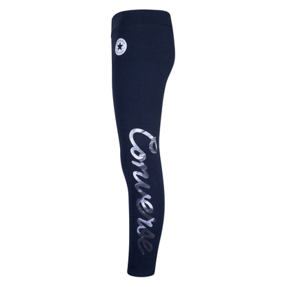 Legging - Converse bleu marine en jersey doux extensible, taille haute, logo script blanc sur la jambe, pour fille, vue de profil droit.