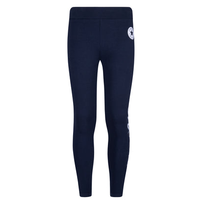 Legging - Converse bleu marine en jersey doux extensible à taille haute, branding script blanc, pour fille, vue de face.