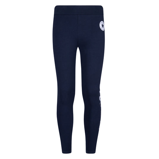 Legging - Converse bleu marine en jersey doux extensible à taille haute, branding script blanc, pour fille, vue de face.