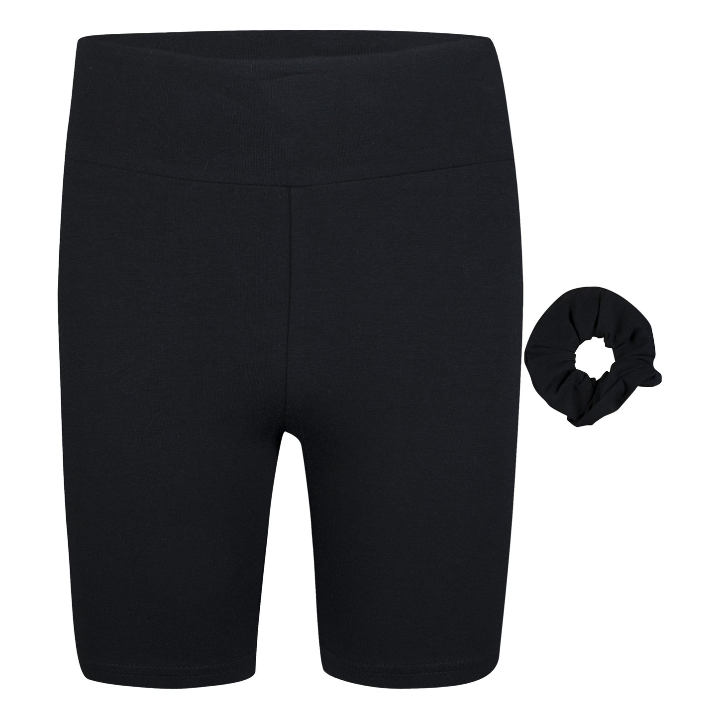 Biker short - Converse noir en jersey extensible avec ceinture élastique, pour fille, vue de face avec chouchou assorti.