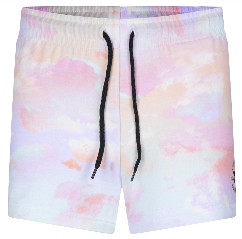 Short - Converse rose et blanc à motif nuage, cordons noirs, tissu léger, ajustable, pour fille, vue de face.