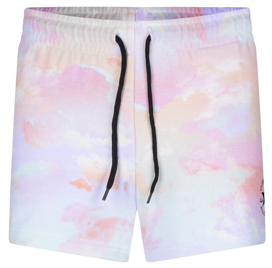 Short - Converse rose et blanc à motif nuage, cordons noirs, tissu léger, ajustable, pour fille, vue de face.