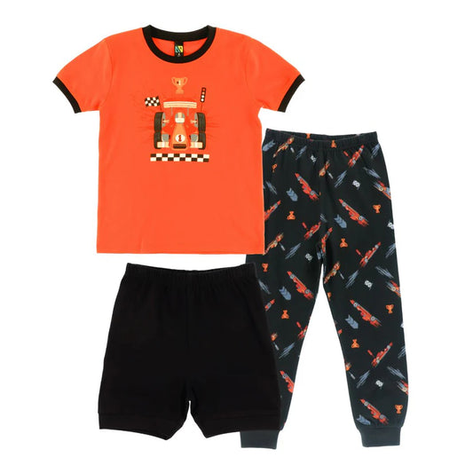 Pyjama 3 mcx - Nanö orange manches courtes, pantalon et short imprimés voitures, image galerie 1 carré 823x823