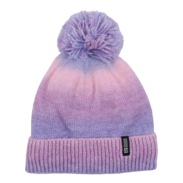 Tuque d'hiver - Nanö en tricot dégradé violet et rose avec pompon, style enfant, vue de face.