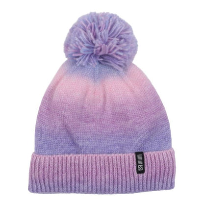 Tuque d'hiver - Nanö en tricot dégradé violet et rose avec pompon, style enfant, vue de face.
