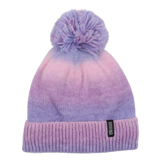 Tuque d'hiver - Nanö en tricot dégradé violet et rose avec pompon, style enfant, vue de face.
