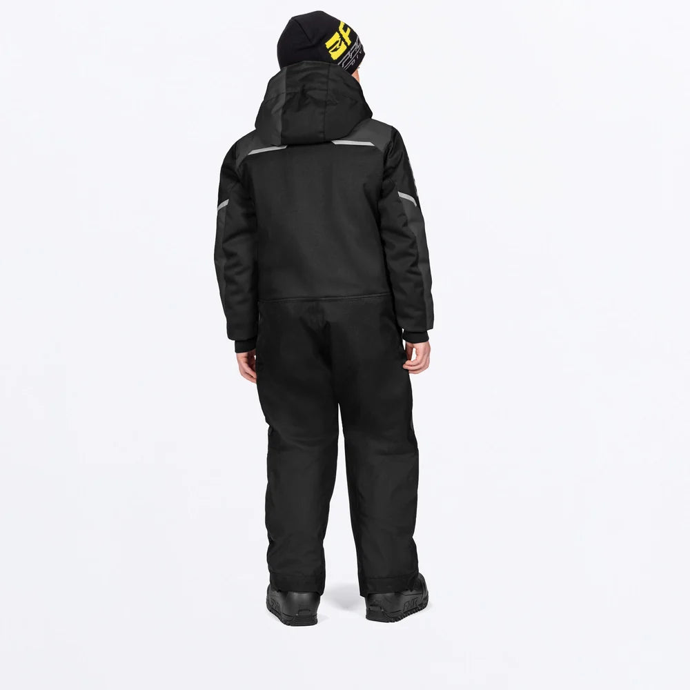 Habit de neige 1 pièce - FXR noir à capuche avec détails réfléchissants et tuque assortie vue de dos