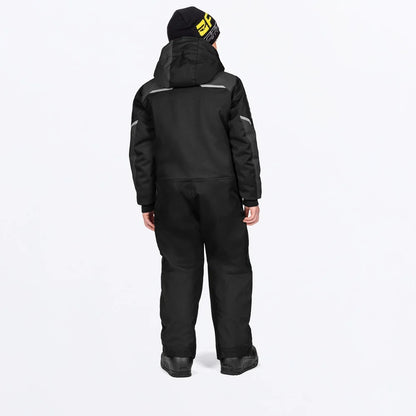 Habit de neige 1 pièce - FXR noir à capuche avec détails réfléchissants et tuque assortie vue de dos