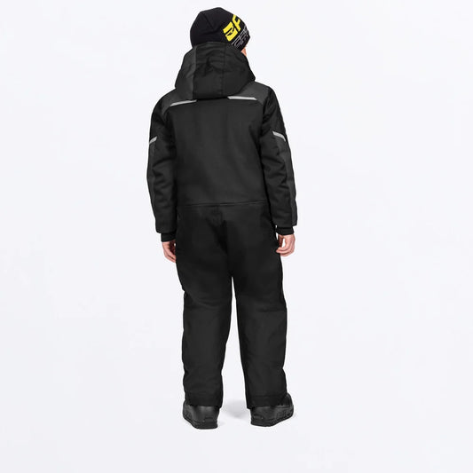 Habit de neige 1 pièce - FXR noir à capuche avec détails réfléchissants et tuque assortie vue de dos