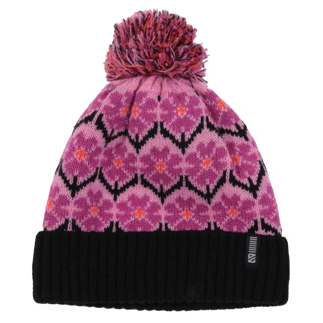 Tuque d'hiver - Nanö en laine rose avec motif floral violet et orange, bordure noire en tricot côtelé, pour enfant, vue de face avec pompon multicolore.