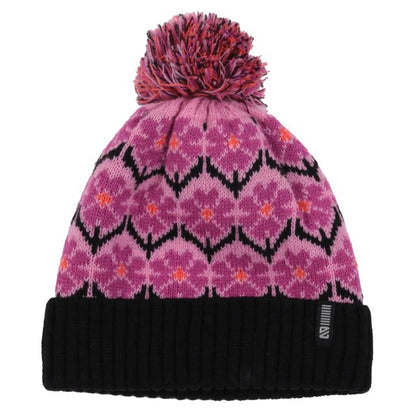 Tuque d'hiver - Nanö en laine rose avec motif floral violet et orange, bordure noire en tricot côtelé, pour enfant, vue de face avec pompon multicolore.