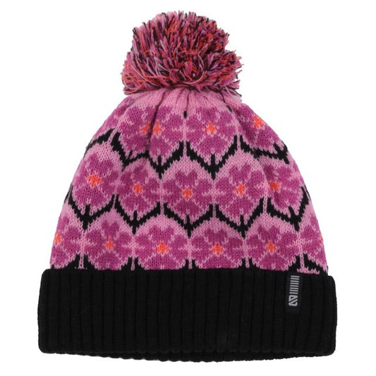 Tuque d'hiver - Nanö en laine rose avec motif floral violet et orange, bordure noire en tricot côtelé, pour enfant, vue de face avec pompon multicolore.