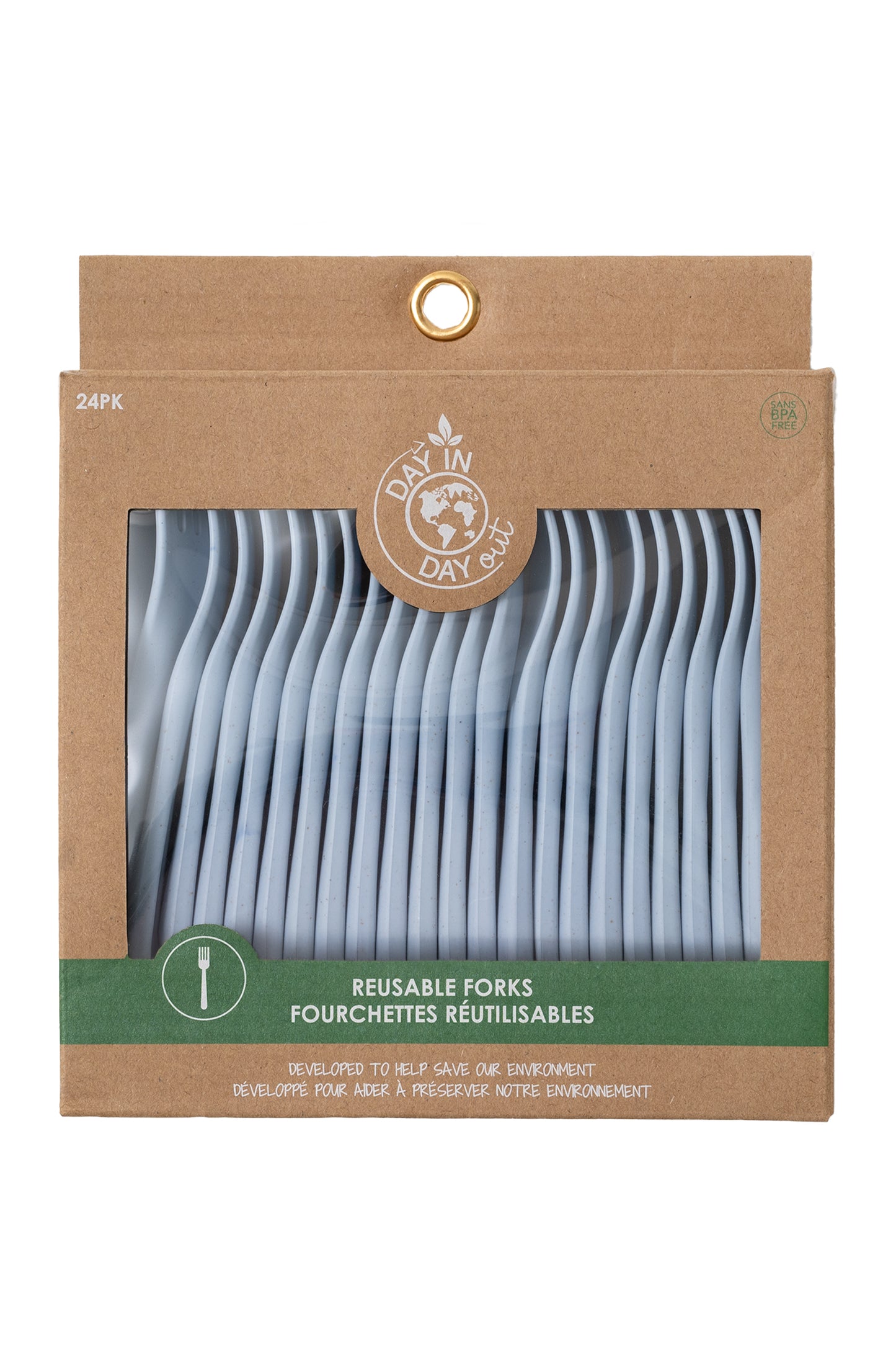 Paquet de 24 fourchettes - Day In Day Out blanches réutilisables en blé écologique, vue de face emballage carton.