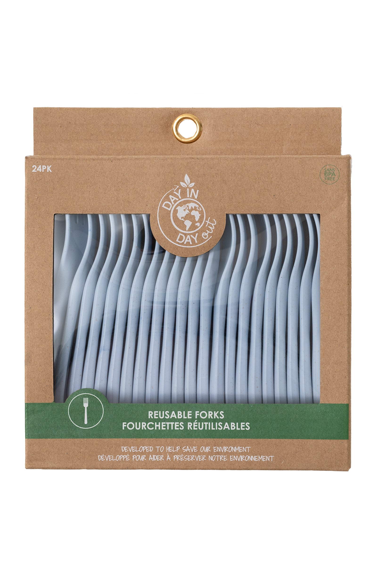 Paquet de 24 fourchettes - Day In Day Out blanches réutilisables en blé écologique, vue de face emballage carton.