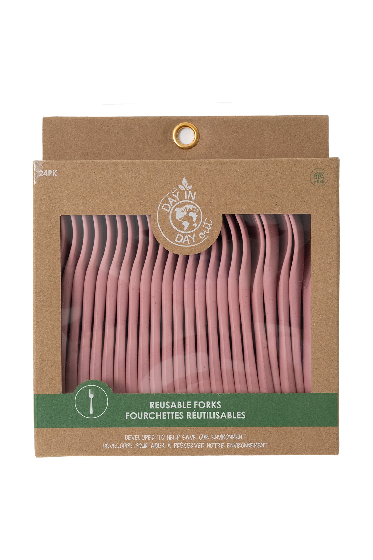 Paquet de 24 fourchettes - Day In Day Out en plastique rose recyclé, réutilisable, vue de face emballage écologique.