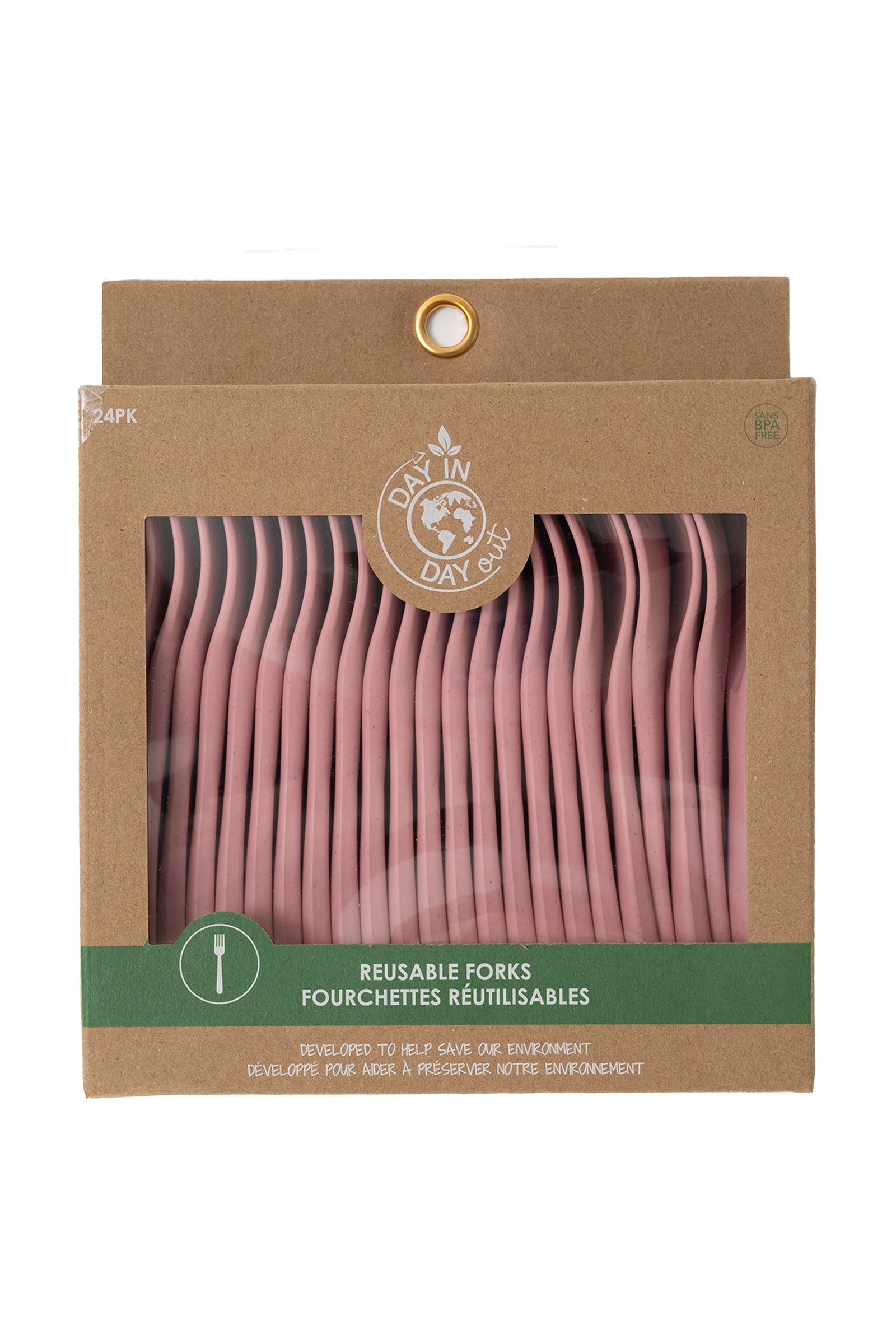Paquet de 24 fourchettes - Day In Day Out en plastique rose recyclé, réutilisable, vue de face emballage écologique.