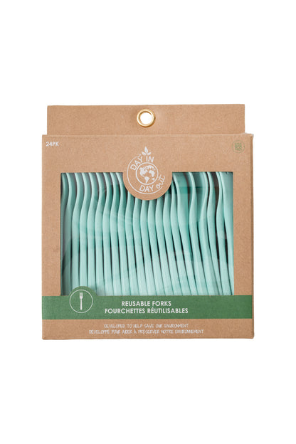Paquet de 24 fourchettes - Day In Day Out vert clair en plastique réutilisable écologique, vue de face emballage fermé.