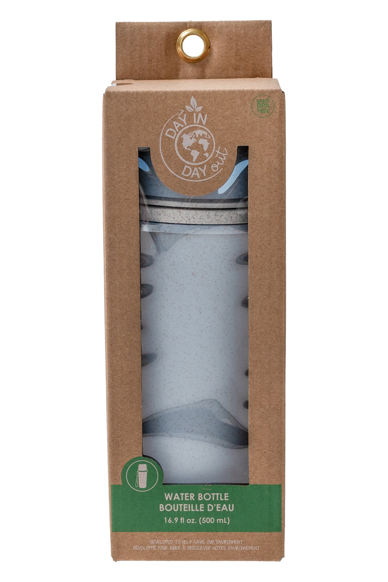 Bouteille D'eau - Day In Day Out grise en blé écologique, forme cylindrique avec bouchon, vue de face emballée.