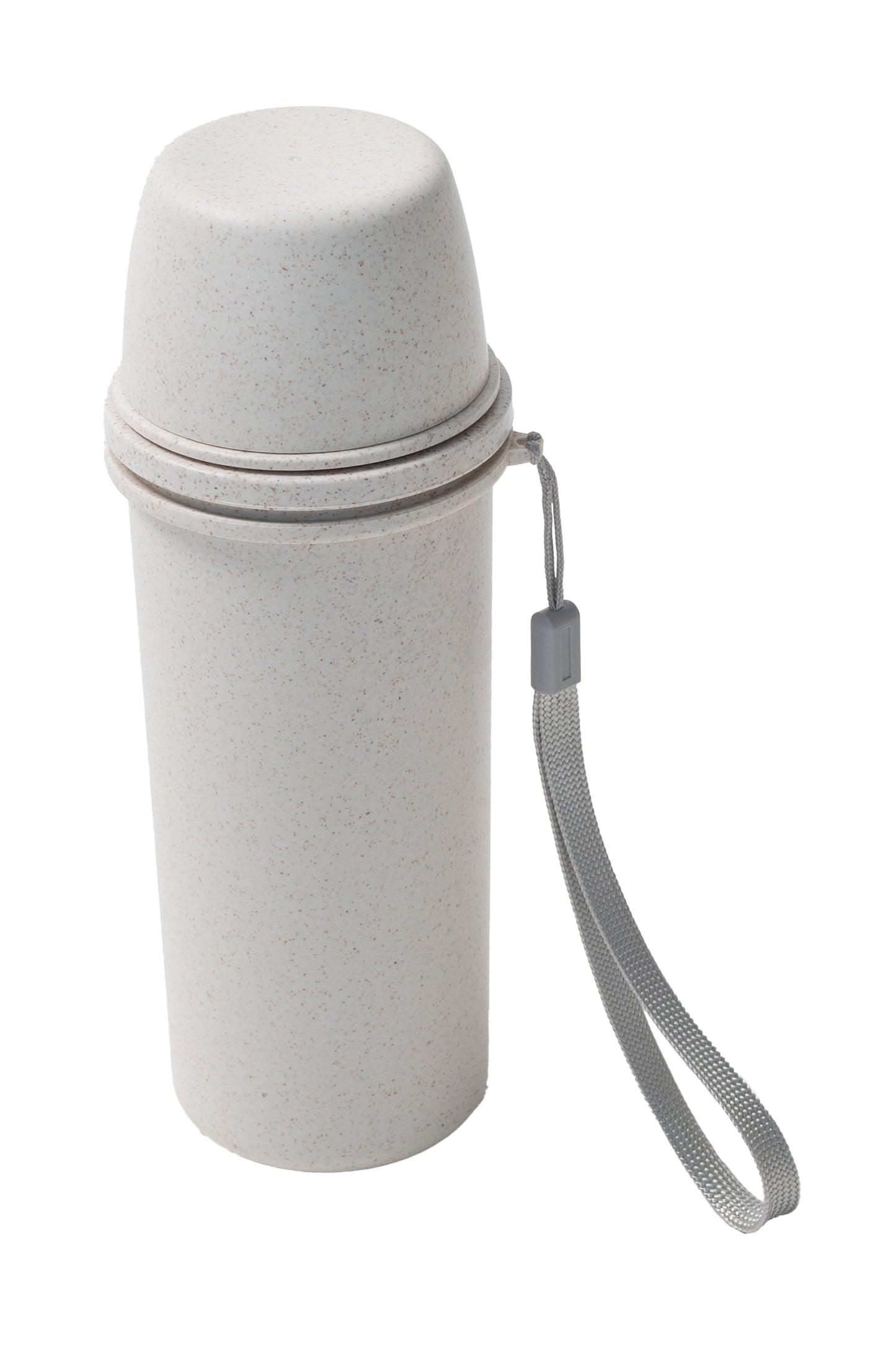 Bouteille D'eau - Day In Day Out beige clair en blé écologique avec bouchon et sangle grise, vue de face.