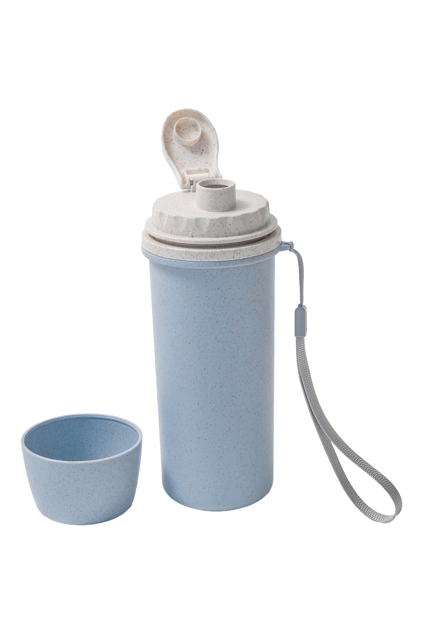 Bouteille D'eau - Day In Day Out bleue en matériau de blé écologique avec bouchon beige, avec tasse, vue ouverte de face