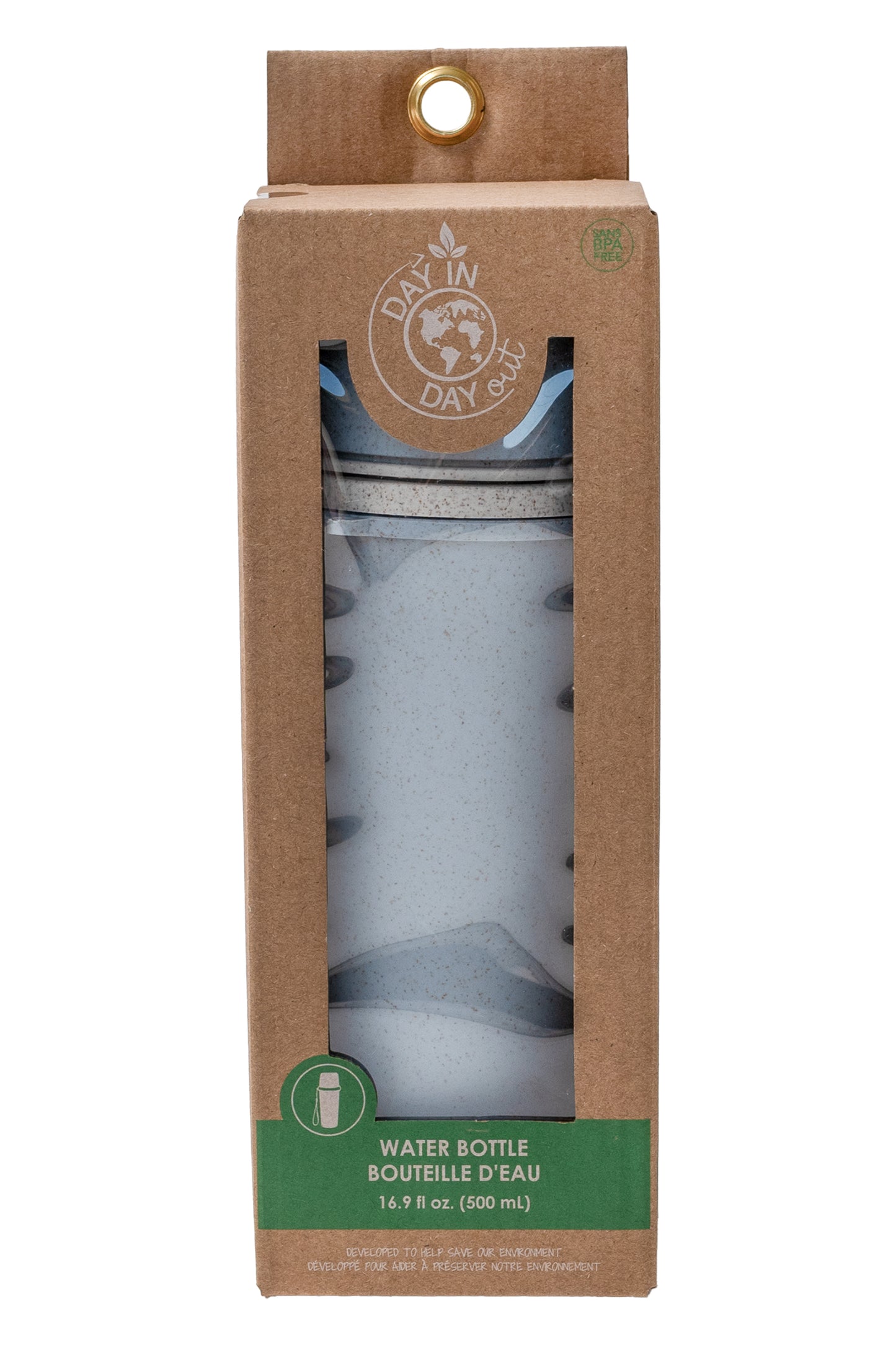 Bouteille D'eau - Day In Day Out beige en blé recyclable 500 ml, design écologique, vue de face emballée en carton brun