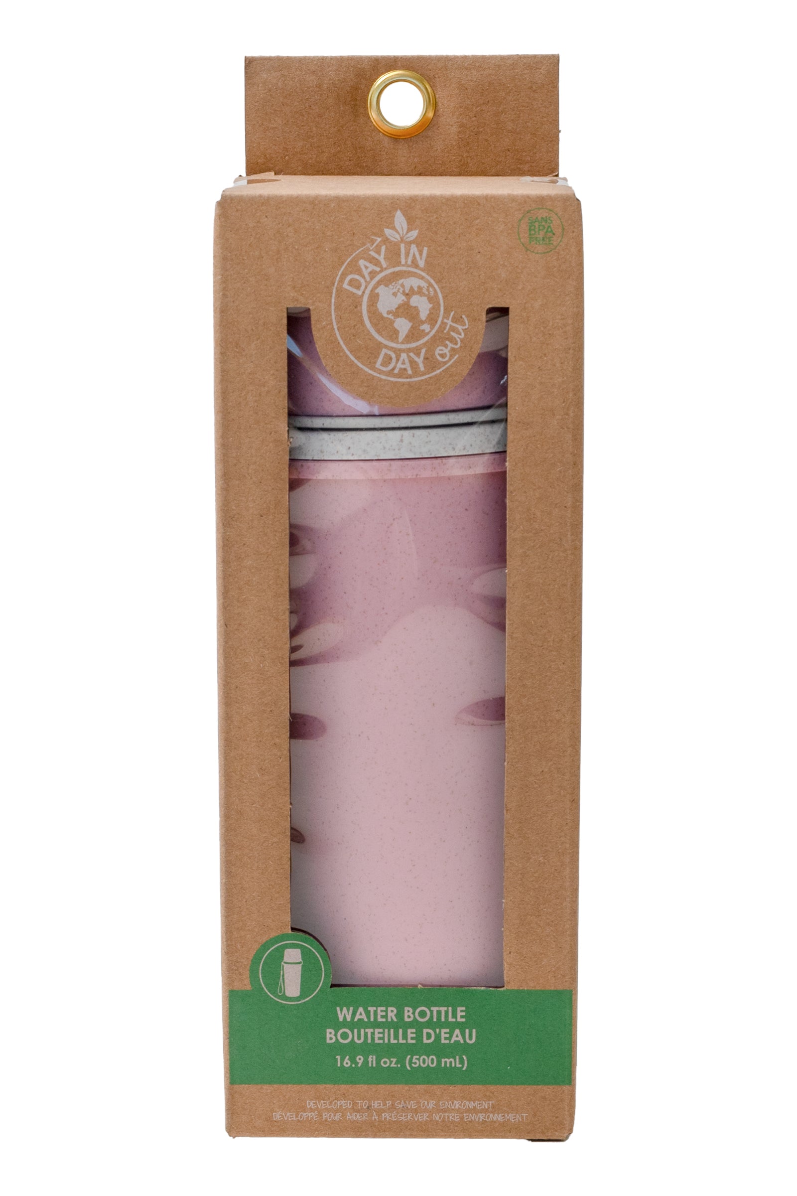 Bouteille D'eau - Day In Day Out rose en blé écologique 500 ml, style minimaliste, vue de face dans emballage carton.
