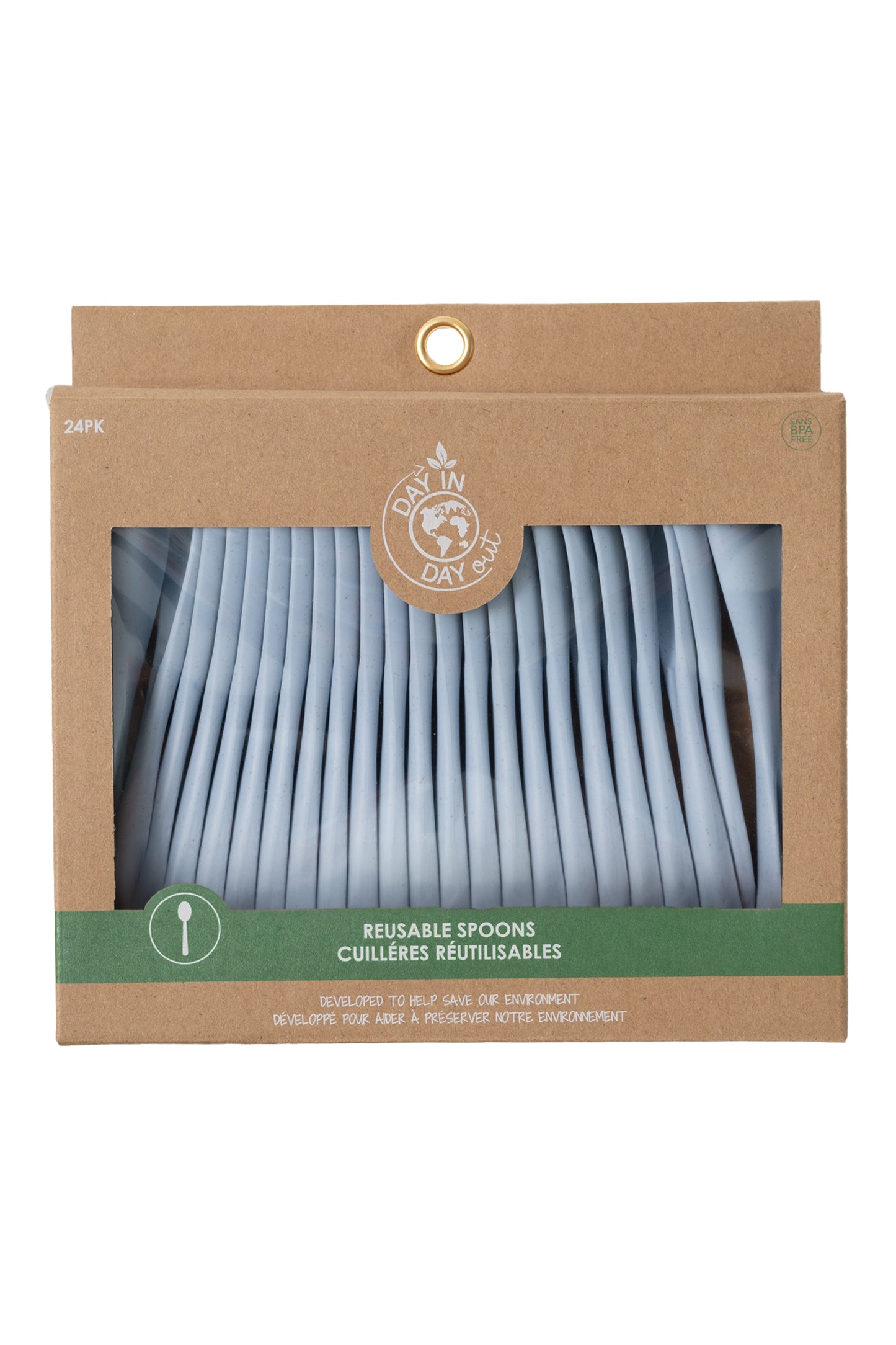 Paquet de 24 cuillères - Day In Day Out, cuillères réutilisables grises en blé écologique, vue de face sous emballage.