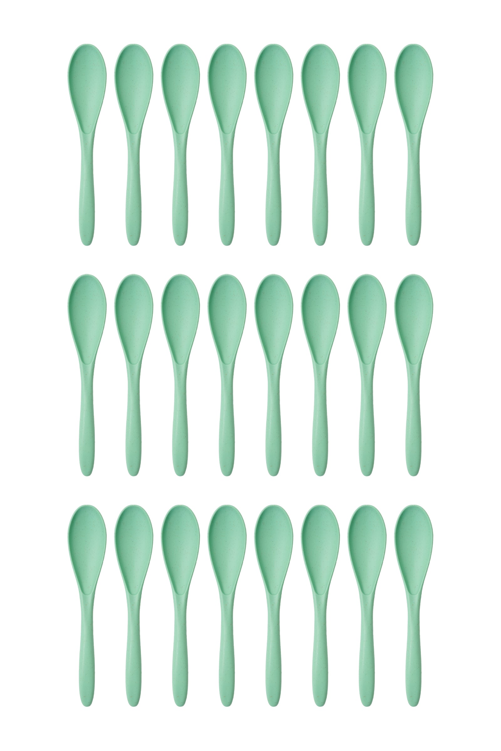 Paquet de 24 cuillères - Day In Day Out en silicone vert menthe, design simple, vue de face, ensemble complet.