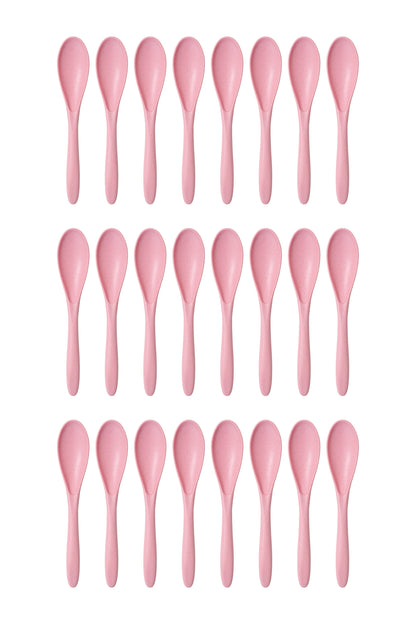 Paquet de 24 cuillères - Day In Day Out en plastique rose, présentation en trois rangées, vue de face.
