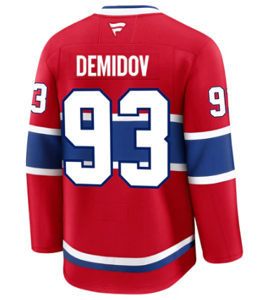 Jersey de hockey - Demidov rouge avec bandes blanches et bleues, numéro 93, style unisexe enfant, vue de dos.