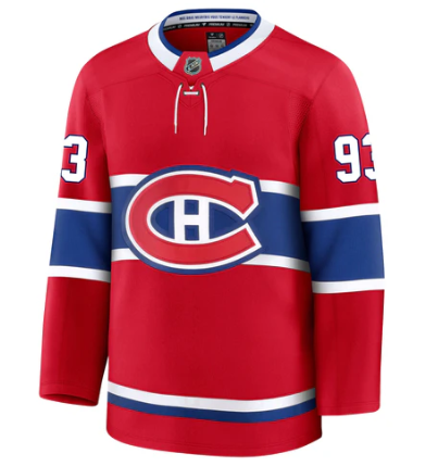 Jersey de hockey - Demidov rouge avec bandes bleues et blanches, logo central, col blanc, pour enfant, vue de face.