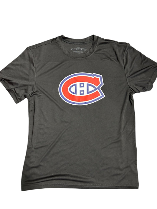 T-Shirt - Demidov noir en polyester avec logo rouge et bleu, style garçon, manches courtes, vue de face.