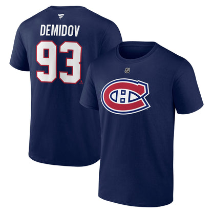 T-Shirt - Demidov - 3 Pour 60$ bleu marine en coton avec logo hockey rouge et blanc, manches courtes, vue de face et dos