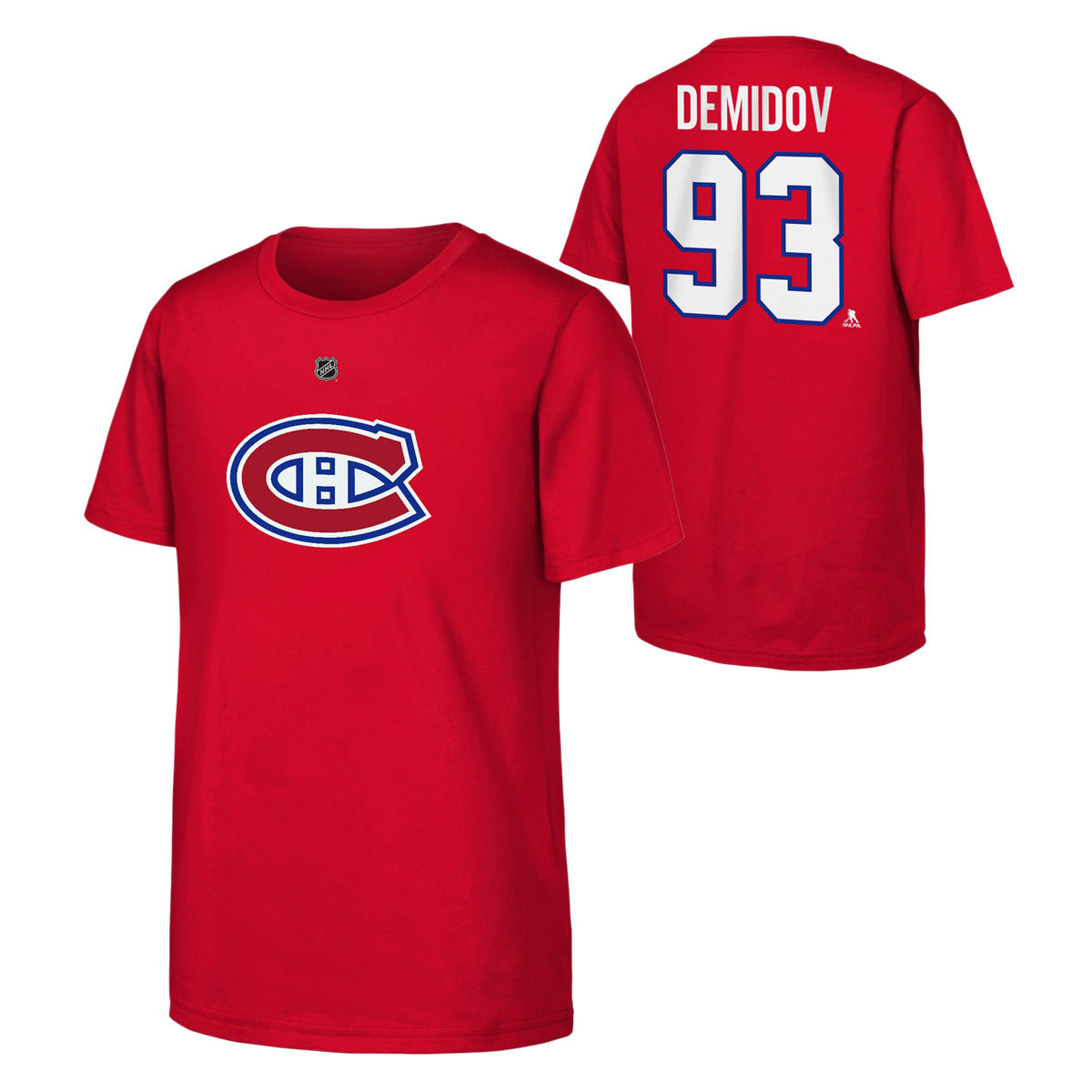 T-Shirt - Demidov rouge en coton avec logo bleu et blanc, numéro 93 au dos, pour enfant, vue de face et dos.