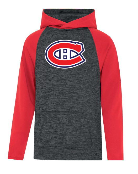 Hoodie - Demidov gris chiné avec manches rouges et capuche, logo sport poitrine, 100% polyester, garçon, vue de face